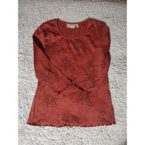 Croft and Barrow PM Blouse Dark Copper Color Ruffled Ends Fall Floral Theme